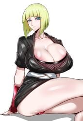 1girls absurdres areola blonde_hair blue_eyes blunt_bangs bob_cut breasts busty center_opening cleavage clothed_female eyes_visible_through_hair female female_only fishnets gggg highres huge_breasts human kimono long_hair mature mature_female naruto naruto_(series) naruto_shippuden no_bra panties puffy_nipples red_panties samui shiny shiny_hair shiny_skin simple_background solo underwear voluptuous white_background