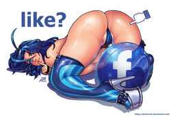 1girls ass blue_boots blue_eyes blue_hair blue_panties darkereve facebook facebook_stickers female female_only hair_tie heart_tattoo high_heels jagua_tales light-skinned_female like_icon looking_at_viewer looking_back looking_back_at_viewer maya_diva naked naked_female no_bra nude nude_female pale-skinned_female panties panties_only platform_heels poke poking pubic_tattoo revealing_clothes silver_ring skimpy_clothes solo stockings sushing text thighhigh_boots