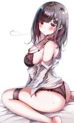 1girls absurdres ass bare_shoulders black_hair blunt_bangs blush bra breasts cleavage clothes_pull collarbone collared_shirt from_behind frown hair_ornament hairclip highres large_breasts long_sleeves looking_at_viewer looking_back original panties pouty_lips purple_bra purple_panties sak_(lemondisk) shirt shirt_pull sidelocks sitting solo squiggle sweat thigh_strap thighs underwear usami_kaede wariza white_shirt