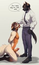 anthro anthro_dominating_anthro anthro_on_anthro arms_tied ball_gag black_body black_fur black_hair black_nose bodily_fluids bottomwear bound brown_body brown_eyes brown_fur brown_hair brown_sclera canid canine clothed clothing cobu drooling duo english_text erection fur gag gagged genitals hair hand_on_head hands_behind_back hi_res holding_object holding_riding_crop holding_whip humanoid_genitalia humanoid_penis john_(cobe_xiu-xiu) kneeling male male/male male_dominating_male mammal narrowed_eyes nude orange_body orange_eyes orange_fur orange_penis pants penile penis riding_crop saliva saliva_on_chin saliva_string sex_toy short_hair simple_background speech_bubble tan_body tan_fur text topwear vibrator vibrator_on_penis whip white_background white_clothing white_topwear
