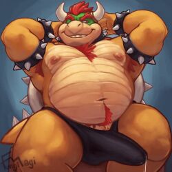 1:1 animated anthro armpit_hair bara belly big_belly bodily_fluids body_hair bowser bowser_day bracelet chest_tuft clothing collar fungimagi genital_fluids genitals hair horn jewelry koopa leaking_precum male mario_bros nintendo overweight overweight_anthro overweight_male penis precum red_eyes red_hair reptile scalie short_playtime spiked_bracelet spiked_collar spiked_tail spikes spikes_(anatomy) stained_clothing tail tuft underwear yaoi