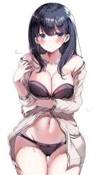 1girls ass_visible_through_thighs bad_id bad_twitter_id black_bra black_hair black_panties blue_eyes bra breasts cardigan cleavage collarbone commentary cowboy_shot gridman_universe highres lace lace_bra lace_panties large_breasts long_hair looking_at_viewer navel open_clothes panties sak_(lemondisk) simple_background solo ssss.gridman standing straight_hair symbol-only_commentary takarada_rikka thigh_gap underwear white_background white_cardigan