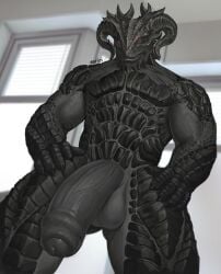 admiring admiring_penis admiring_self black_body black_scales black_skin blinds curved_horn dragonborn_(dnd) dungeons_and_dragons genitals hasbro horn inside interior_background looking_at_genitalia looking_at_penis looking_at_self looking_down male male_only nude penis red_eyes scales scalie solo tailless variri vein veiny_penis window wizards_of_the_coast