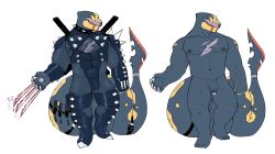 2025 anthro balls bodysuit claw_(weapon) claws cleavage_cutout clothing collar colored cutout digital_media_(artwork) fangs foreskin generation_3_pokemon genital_piercing genitals hi_res juzo_(gogokeeko) long_tail male melee_weapon model_sheet muscular muscular_anthro muscular_male nintendo nipple_piercing nipples noofs penis penis_piercing piercing poison pokemon pokemon_(species) realistic_penis_size red_sclera seviper sharp_tail skinsuit solo spiked_clothing spiked_collar spikes sword sword_on_back tail tail_harness teeth tight_clothing uncircumcised weapon