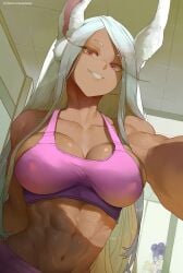 1boy1girl absurdres araneesama bunny_ears bunny_girl dark-skinned_female dark_skin female kemonomimi long_eyebrows long_hair looking_back looking_down looking_down_at_viewer male midriff mineta_minoru miruko muscular muscular_female my_hero_academia red_eyes rumi_usagiyama smiling_at_viewer sports_bra sportswear viewed_from_below white_hair