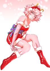 ^_^ alternate_costume bare_arms bare_shoulders boots bow breasts cherryinthesun christmas cleavage closed_eyes collarbone colored_skin commentary dress earmuffs english_commentary facing_viewer female full_body holidays horns leaning_forward medium_hair messy_hair mina_ashido my_hero_academia off-shoulder_dress off_shoulder open_mouth pink_hair pink_skin santa_costume short_dress sitting sketch smile solo |d