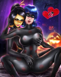 2_bodysuits 2girls bodysuit breast_grab chloe_bourgeois color colored drooling female female_focus female_only femdom femsub fingering fingering_from_behind fingering_partner fingering_pussy fingering_through_clothes ksulolka ladybug_(character) marinette_cheng marinette_dupain-cheng mask miraculous_ladybug multiple_girls pumpkin sitting tagme yuri