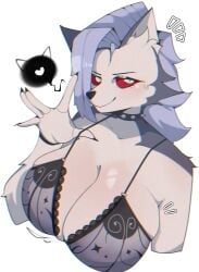 1girls anthro big_breasts big_titties bra breasts canine canis curvaceous curvaceous_female curvaceous_figure curvy curvy_figure curvy_hips dayronz1 female female_focus female_only furry furry_female furry_only grey_body grey_fur grey_hair helluva_boss long_hair looking_at_viewer loona_(helluva_boss) red_eyes smile smiling_at_viewer spiked_collar two_tone_body two_tone_fur underwear white_body white_fur white_hair wolf wolf_girl