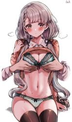 1boy 1girls absurdres arm_at_side black_ribbon blunt_bangs blush bra braid breasts brown_eyes brown_sweater brown_thighhighs cleavage closed_mouth clothes_lift collared_shirt commentary cowboy_shot female green_bra green_panties grey_hair groin groping hair_ribbon hand_up heavy_breathing highres hisakawa_nagi idolmaster idolmaster_cinderella_girls idolmaster_cinderella_girls_starlight_stage lace-trimmed_bra lace-trimmed_panties lace_trim long_hair long_sleeves looking_at_viewer looking_to_the_side low_twintails male navel panties ribbon sak_(lemondisk) shirt shirt_lift simple_background sitting socks stomach sweat sweater sweater_lift thighhighs thighs twintails underwear white_background