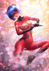 1girls bodysuit breasts color colored female_only kagami_tsurugi ksulolka miraculous_ladybug nipples pussy ryuko_(character) solo solo_female tagme torn_clothes torn_clothing torn_pantyhose weapon