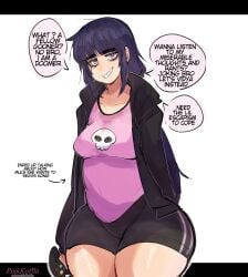 1girls artist_self-insert clothing dark_purple_hair dialogue english_text eye_bags eyebrows_visible_through_hair female female_only game_controller grin grinning_at_viewer hi_res hoodie koffin long_hair looking_at_viewer pink_eyes pinkkoffin purple_hair shorts smiling smiling_at_viewer solo speech_bubble talking_to_viewer thick_eyebrows thick_thighs