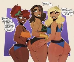 3girls alicia_masters artist_name artist_signature bandana big_ass big_breasts big_butt bikini black_eyes blind blind_eye blonde_hair blue_eyes brown_hair dark-skinned_female dialogue doctor_doom face_scar facial_scar fantastic_four female freckles invisible_woman marvel marvel_comics melat0nin no_sclera ponytail red_hair rule_63 scar starbryte sue_richards sue_storm tan-skinned_female victor_von_doom