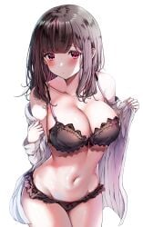 1girls absurdres bare_shoulders black_bra black_hair blush bra breasts cleavage closed_mouth collarbone commentary cowboy_shot frilled_panties frills groin highres lace lace-trimmed_bra lace_trim large_breasts lingerie long_hair long_sleeves looking_at_viewer navel off_shoulder open_clothes open_shirt original panties pink_eyes sak_(lemondisk) shirt sidelocks simple_background solo stomach strap_gap thighs underwear usami_kaede white_background white_shirt
