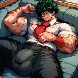 ai_generated bulge_through_clothing button_down_shirt button_gap huge_bulge huge_muscles izuku_midoriya lounging male male_only muscles muscular muscular_male my_hero_academia scars_all_over smug_face u.a._school_uniform