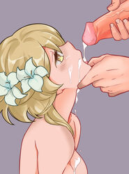 1boy blonde_hair blush breasts cat_question cum cum_in_mouth cum_on_body cum_on_breasts cum_on_face cum_on_upper_body cumdrip eyelashes feeding female flower genshin_impact grey_background hair_flower hair_ornament hand_on_chin holding_head looking_up lumine_(genshin_impact) nude penis simple_background straight veins veiny_penis white_flower yellow_eyes