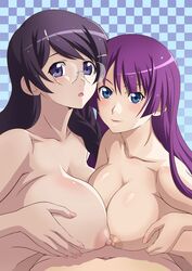 1boy 2girls bakemonogatari black_hair blue_eyes blush breasts cum_on_breasts glasses hanekawa_tsubasa highres large_breasts long_hair monogatari_(series) multiple_girls nipples nude open_mouth purple_eyes purple_hair senjougahara_hitagi tooo