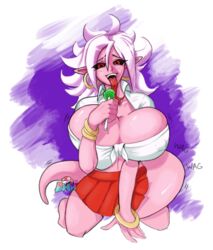 1girls 2010s android_21 bimbo black_sclera breasts dark_persona dragon_ball dragon_ball_fighterz dudemcwhy female huge_breasts humanoid large_breasts lollipop long_hair long_tongue looking_at_viewer majin majin_android_21 monster_girl nipple_bulge pink_skin pointy_ears red_eyes school_uniform schoolgirl skirt squatting tail tongue tongue_out white_hair