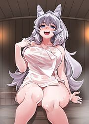 breasts cleavage female female_only fukumaaya fukuokalx huge_breasts indie_virtual_youtuber lumi_(merryweather) sauna solo solo_female thick_thighs towel virtual_youtuber white_hair wolf_girl