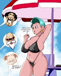 1girls 3boys arms_up beach big_breasts bikini blue_hair bulma_briefs bulma_briefs_(gt_saga) canon_smoker cigarette dragon_ball dragon_ball_gt earrings g-string hoop_earrings master_roshi milf mr._satan oolong pig pubic_hair short_hair thick_thighs venus_body voluptuous zetomeso