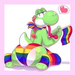 1boy anthro ass big_ass big_butt briefs cute cute_face femboy flag full_body gay green_body green_eyes green_skin half-closed_eyes heart holding_flag looking_at_viewer looking_back love male male_only mario_(series) mess nintendo ott_tart otto0ttsy panties pink_border rainbow_flag scarf simple_background sitting socks solo speech_bubble spoken_heart tail tongue tongue_out underwear wariza white_background yoshi