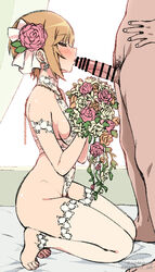 aiba_yumi bar_censor blonde_hair blowjob censored cock_marriage holding_object husband_and_wife idolmaster idolmaster_cinderella_girls idolmaster_cinderella_girls_starlight_stage kissing_penis mizuki_makoto oral penis short_hair submissive tagme toes very_short_hair wedding_dress