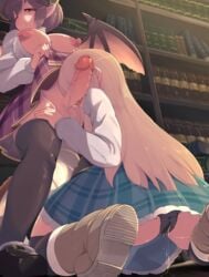 2girls anne_(shingeki_no_bahamut) bangs black_legwear black_panties blonde_hair book bookshelf boots breasts censored closed_mouth clothes_lift dragon_girl dragon_tail dragon_wings erection fellatio female_only futa_with_female futanari grea_(shingeki_no_bahamut) highres kneeling large_breasts licking licking_penis lifted_by_self long_hair long_sleeves manaria_friends mosaic_censoring multiple_girls nipples no/min_(noumin_suijun) one_eye_closed oral panties penis plaid plaid_skirt pointy_ears precum pussy_juice pussy_juice_drip_through_clothes shingeki_no_bahamut shirt short_hair skirt skirt_lift tail thighhighs tongue tongue_out underwear white_shirt wings yuri