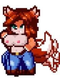 animated boobs breasts fox fox_ears fox_tail fur furry furry_ears furry_only green_eyes jeans jiggling_breasts navel nipples pixel_art tagme tail terraria terraria_(lewdrraria) topless transparent_background zoologist_(terraria)