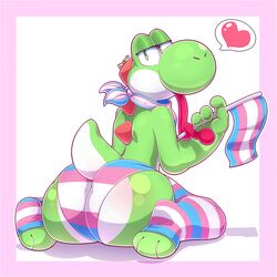 1boy anthro ass big_ass big_butt briefs cute cute_face femboy flag full_body gay green_body green_eyes green_skin half-closed_eyes heart holding_flag looking_at_viewer looking_back love male male_only mario_(series) mess nintendo ott_tart otto0ttsy panties pink_border pride_color_accessory pride_color_clothing pride_color_flag pride_color_underwear pride_colors scarf simple_background sitting socks solo speech_bubble spoken_heart tail tongue tongue_out transgender_pride_colors underwear wariza white_background yoshi