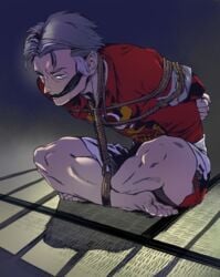 ankles_tied arms_behind_back arms_tied bondage cleave_gag cloth_gag clothed_male gag gilf grey_hair kabu_(pokemon) legs_tied male male_only malesub older_male pokemon pokemon_ss rope_bondage solo_male tied_up