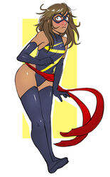 1girls blush brown_eyes brown_hair cosplay dark-skinned_female dark_skin embarrassed female female_only fully_clothed gloves greenmarine kamala_khan leotard long_gloves marvel marvel_comics middle_east ms._marvel_(carol_danvers)_(cosplay) pakistani small_breasts solo superheroine teen teenage_girl teenager thick_thighs thigh_boots thighs thong_leotard tight_clothes tight_clothing tight_fit young