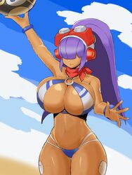 1girls android big_breasts dark-skinned_female female female_only hair_over_eyes layer mega_man mega_man_x mega_man_x_dive momoyashamaru_(artist) purple_hair robot_girl solo source_deleted source_not_archived swimsuit_layer_(x_dive) tagme