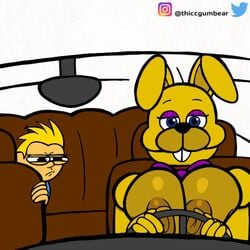 big_ass big_breasts big_butt big_ears big_nipples blue_eyes blue_hoodie blue_pupils bunny_ears bunny_girl bunny_nose calm car car_seat driving eyebrows eyelashes fazbear_fright female female_focus five_nights_at_freddy's fnaf inside_car into_the_pit male peeking_out peeping rabbit rabbit_ears rabbit_girl rabbit_teeth soft_breasts spiked_hair spiky_hair spring_bonnie spring_bonnie_(fnaf) squeezing squeezing_breast thiccgumbear visor wheel window yellow_body yellow_fur yellow_hair