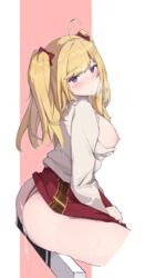 1girls ambulocetus blonde_hair breasts_out cum cum_on_ass cum_on_face female female_only light-skinned_female light_skin looking_at_viewer nijisanji open_shirt pubic_hair pubic_hair_on_face simple_background sitting skirt skirt_up solo tagme takamiya_rion thong twintails virtual_youtuber white_background