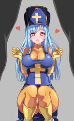 1boy 1girls 2017 blue_hair blush bodysuit boots breasts clothed clothing cross cross_print dragon_quest dragon_quest_iii eyebrows_visible_through_hair female gem gloves grey_background hat heart heart-shaped_pupils highres jewelry large_breasts long_hair looking_at_viewer male mitre open_mouth orange_bodysuit priest priest_(dq3) red_eyes serin199 simple_background squatting tabard thick_thighs thighs tight_clothing w_arms yellow_gloves