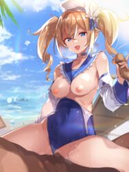 barbara_(genshin_impact) barbara_(summertime_sparkle)_(genshin_impact) censored ddolggol genshin_impact male nipples nun one-piece_swimsuit penis pussy sex swimsuit wardrobe_malfunction wet