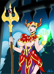 1girls big_breasts breasts castle female female_only glowing glowing_hand green_eyes headdress helmet holding_object holding_staff horned_helmet horns lips mad-project magic magic_user medievil robe rule_63 sorceress staff thick_thighs underboob voluptuous zarok