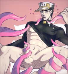 1boy clothed diamond_is_unbreakable dilf hat_stays_on_during_sex jojo's_bizarre_adventure jotaro_kujo male male_only moaning pink_tentacles tentacle tentacle_on_male yaoi