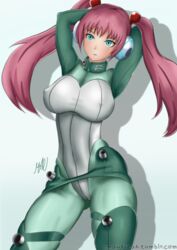 2017 aqua_eyes big_breasts big_thighs blush happy_facial long_hair maufreak metal_slug metal_slug_attack nipples nipples_visible_through_clothing nova_(metal_slug) pink_hair pose seductive snk solo_female