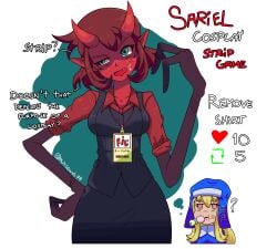 cosplay demon_girl demon_horns flustered game green_eyes horns long_arms monster multighosts red_skin sariel_(multighosts) short_hair strip