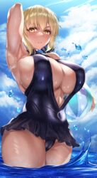 armpits artoria_pendragon_(alter) beachball blonde_hair blush breasts cleavage fate/grand_order fate_(series) hirasawa_seiji looking_at_viewer one-piece_swimsuit one_arm_up swimsuit tanned water yellow_eyes