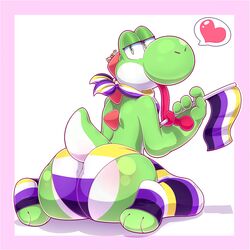 1boy anthro ass big_ass big_butt briefs crossdressing cute cute_face femboy flag full_body green_body green_eyes green_skin half-closed_eyes heart holding_flag looking_at_viewer looking_back love male male_only mario_(series) mess nintendo nonbinary_pride_colors ott_tart otto0ttsy panties pink_border pride_color_accessory pride_color_clothing pride_color_flag pride_color_underwear pride_colors scarf simple_background sitting socks solo speech_bubble spoken_heart tail tongue tongue_out underwear wariza white_background yoshi