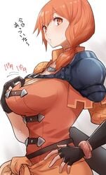 1girls big_breasts blush blushing breasts cleavage close-up eyelashes female female_only fingerless_gloves fire_emblem fire_emblem:_three_houses fire_emblem_heroes gloves human human_only japanese_text kurosususu large_breasts leonie_pinelli looking_at_viewer medium_hair nintendo orange_eyes orange_hair ponytail side_ponytail side_view solo solo_female sweat sweating text tomboy translation_request upper_body