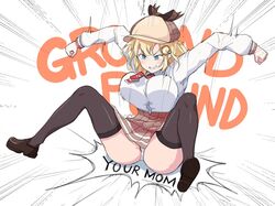 big_breasts blonde_hair blue_eyes english_text female ground_pound hat hololive hololive_english hololive_myth leggings panties short_hair sinensian skirt skirt_lift thick_thighs tie upskirt virtual_youtuber watson_amelia