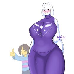 1boy 1girls animal_ears animal_humanoid anthro big_breasts blush clothed clothing dress erect_nipples erect_nipples_under_clothes fangs female female_focus frisk furry furry_ears goat goat_girl goat_horns horns huge_breasts human_on_anthro larger_female mature_female milf mother nipple_bulge older_female older_woman_and_younger_boy red_eyes smile sweat taller_girl thick_thighs tight_clothing toriel undertale white_background white_body white_fur wide_hips xyakiwi