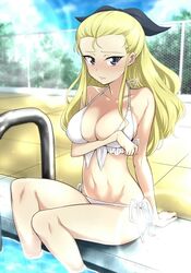 arm_behind_back assam big_breasts bikini blonde_hair blue_eyes blush breasts cleavage female female_only girls_und_panzer long_hair looking_at_viewer pool water white_bikini