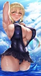 armpits artoria_pendragon_(alter) beachball blonde_hair blush breasts cleavage fate/grand_order fate_(series) hirasawa_seiji looking_at_viewer one-piece_swimsuit one_arm_up swimsuit tanned water yellow_eyes