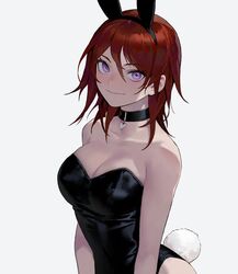 bunny_suit bunny_tail choker cleavage dhk eyebrows_visible_through_hair large_breasts looking_at_viewer purple_eyes red_hair simple_background white_background