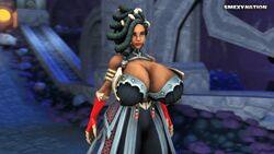 3d animated breast_expansion cleavage dark-skinned_female dark_skin female female_only huge_breasts imani_(paladins) paladins smexynation