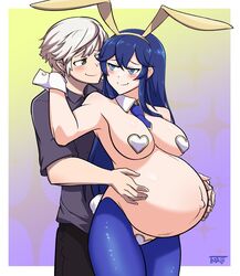 1boy 1boy1girl 1girls blush breasts bunny_ears bunny_girl bunny_tail bunnysuit fire_emblem fire_emblem_awakening hand_on_another's_stomach heart_pasties lucina_(fire_emblem) nintendo pasties pregnant reverse_bunnysuit robin_(fire_emblem) robin_(fire_emblem)_(male) tie tsukiji wholesome