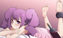 alcohol artist_request barefoot blush drill_hair drink feet female female high_resolution light_blush long_hair looking_at_viewer naked_towel on_stomach otachan purple_eyes purple_hair soles solo the_otachan_show the_pose thighs toes towel twin_drills wine wine_bottle